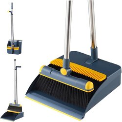 Unicoco Broom and Dustpan Set, Foldable Handled Dustpan and Brush Long Handle Dustpan with Comb Teeth and 180° Swivel Brush Sets Upright Storage for Household Cleaning