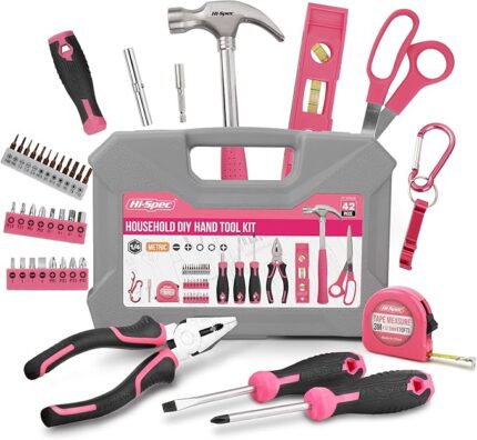 Hi-Spec 42 Pc Pink Tool Kit for Ladies and Women - Essential Household Hand Tools for Basic DIY Repairs and Maintenance, with Tool Box Storage Case, Ideal DIY Tools for Home, Office, and Garage